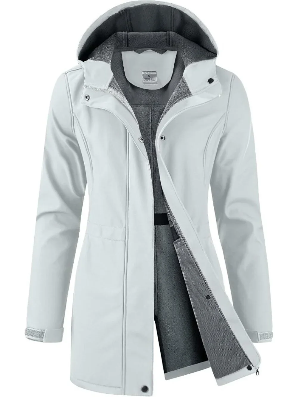 Women's White Hooded Fleece Lined Waterproof Hiking Softshell Long Rain Jacket